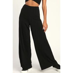 LULU'S SZ L Blissful Beginnings Black Wide-Leg Lounge Pants NEW B114